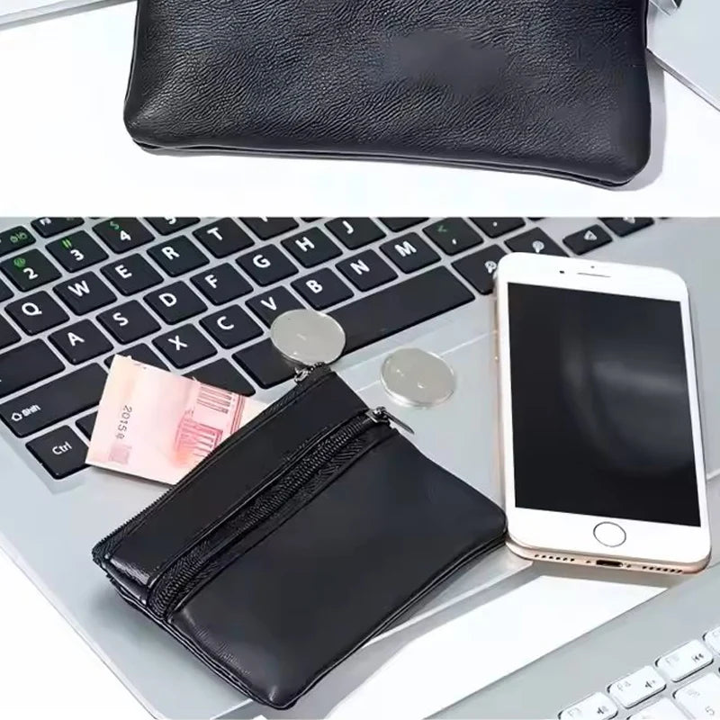 Black Leather Coins Purse Suitable For Men Women Mini Zipper Wallets Small Purses Casual Card Holder Key Holders
