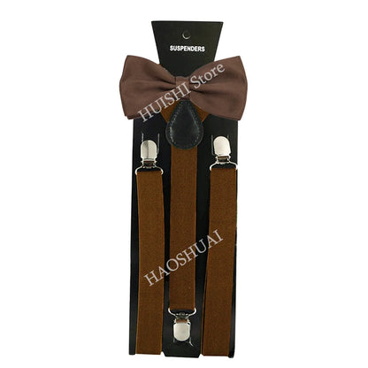 Suspenders Man Bowtie Solid Color Elastic PU Leather Suspenders For Man Belt Adjustable Straps For Wedding Bow Tie Accessories