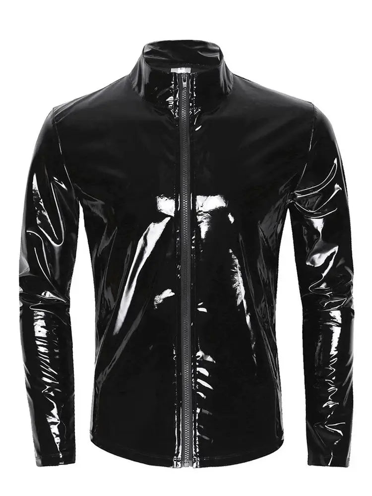 Long Sleeve Wet Look PVC Mens Jackets Coats Shiny PU Leather Tops Tights Sexy Clubwear Windbreaker Streetwear Motorcycle T Shirt