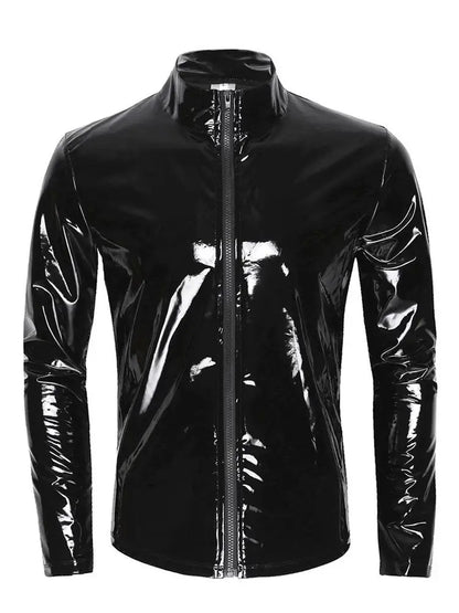 Long Sleeve Wet Look PVC Mens Jackets Coats Shiny PU Leather Tops Tights Sexy Clubwear Windbreaker Streetwear Motorcycle T Shirt
