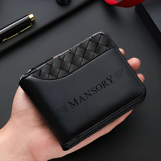 Personalized Luxury Faux Leather Wallet for Men Embossed Top, Smooth Black Faux Leather Body, Zip Closure, Multiple Card Slots