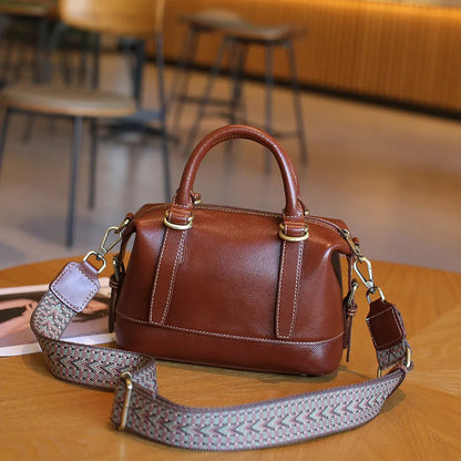 New Genuine Leather Boston Bag for Women First Layer Cowhide Shoulder Crossbody Handbag Elegant Versatile Top Handle Purse