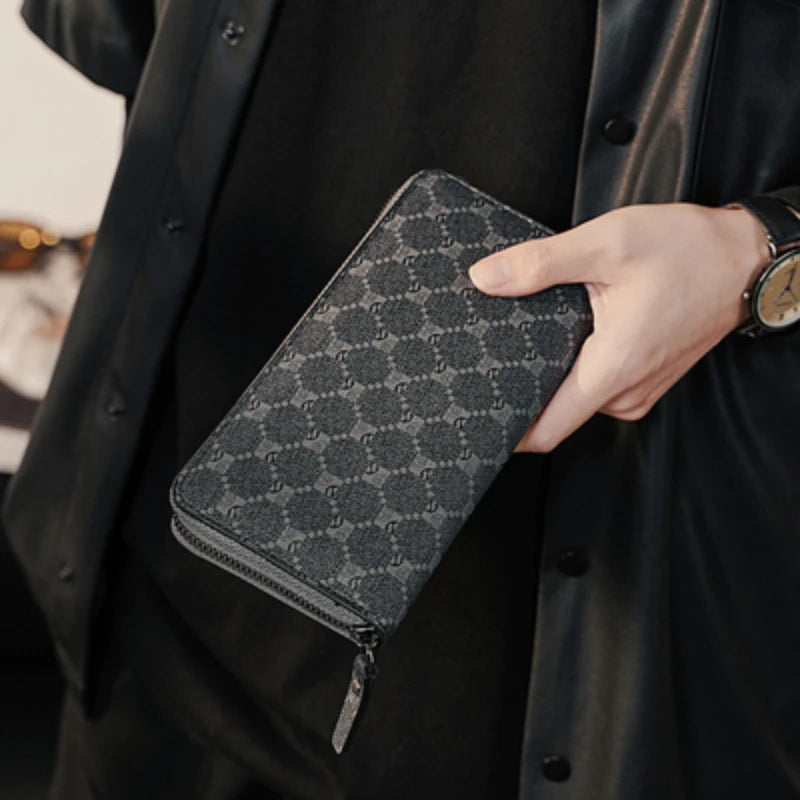 Fashion Men's High Quality Pu Leather  Long Wallet Mobile Phone Card Clip Coin Purse Pattern Plaid Wallet Large Capacity