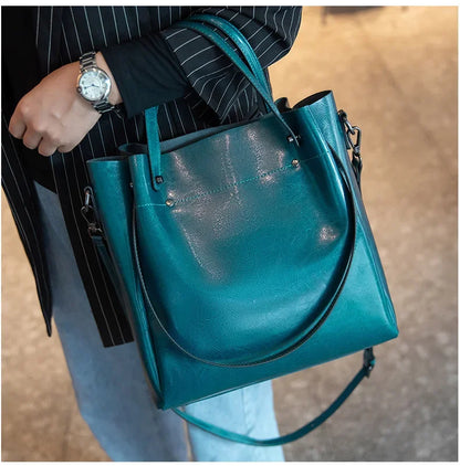 Genuine Leather Tote Bag for Women Large Capacity Oil Wax Leather Top Handle Shoulder Bag Vintage Luxury Designer Handbag