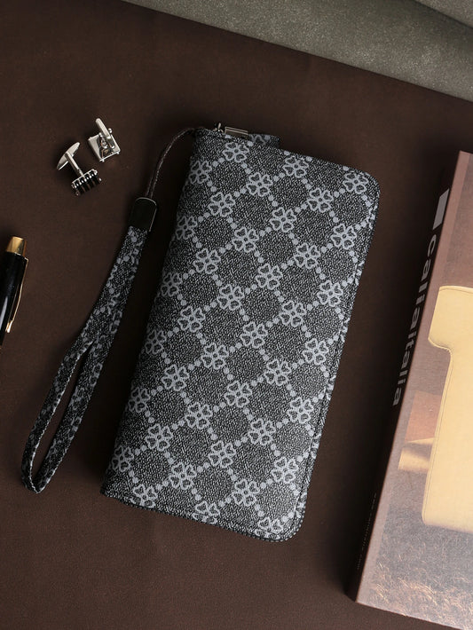 Men's Long Wallet - Premium PU Leather with Detachable Wrist Strap, Business Metal Hardware Organizer