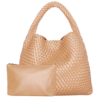 Woven Tote Bag for Women Large Woven Handbag Soft Leather Shoulder Bag Work Shopper Summer Beach Travel Tote Bag with Purse