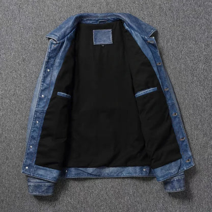 2023 New Leather Jacket Men's Single-Breasted Denim Blue Retro Old Motorcycle Leather Jacket Slim-Fit Lapel Coat