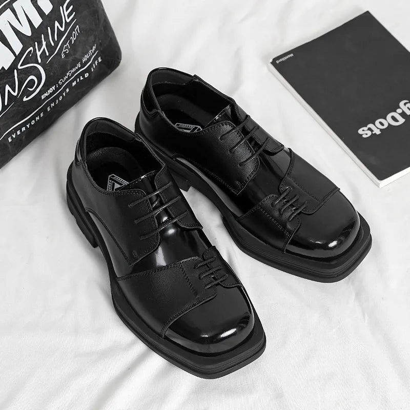 Male Leather Shoes Men 2023 New Chunky Platform Retro Work Shoes Spring Autumn Derby Shoes Highstreet Low Top Man Casual Flats