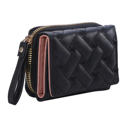 PU Leather Tri-Fold Wallet for Women Embroidery Multiple Card Slots Purse with Coin Pocket Minimalist Cash Card Holder