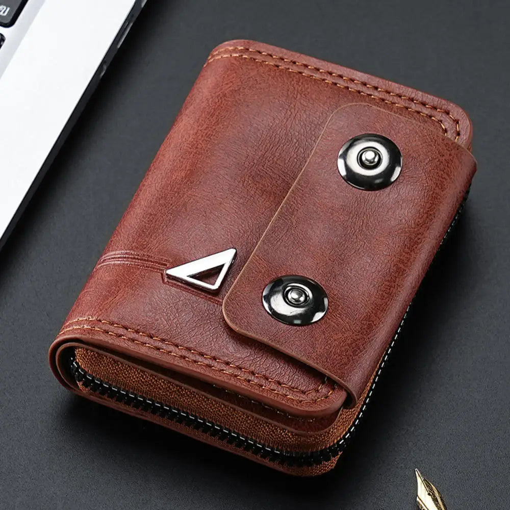 Card Holder Leather Wallet Gift Travel Business Casual Men's Double Buckle Zipper Short Coin Purse Multi-function Money Bags