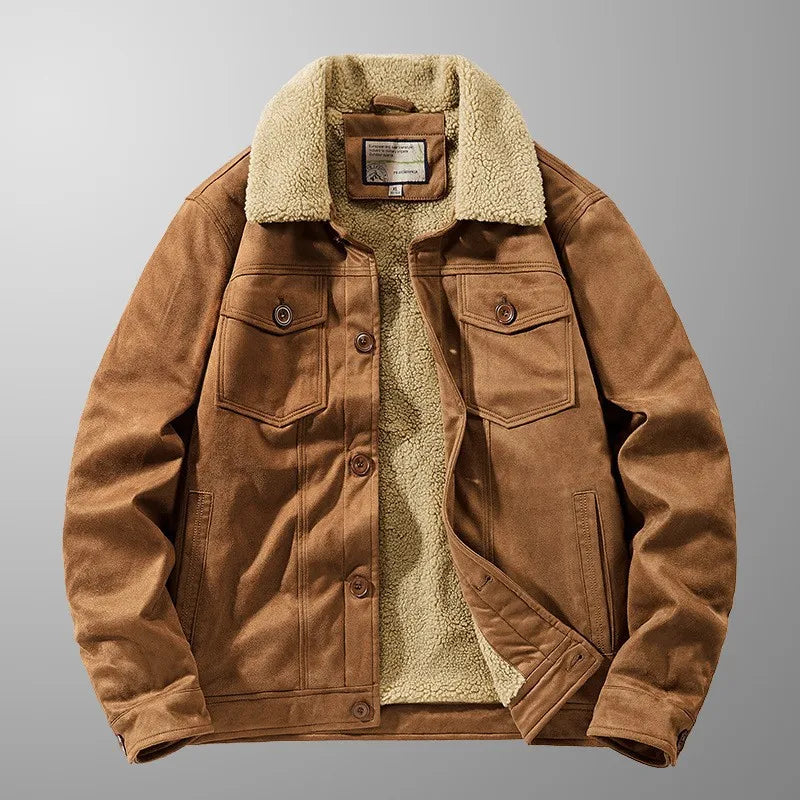 New Winter Men Fleece Warm Suede Leather Jackets Man Multi-pockets Casual Leather Coats Quality Male Fashion Down Jackets Size 4