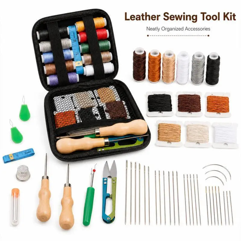 Leather sewing tool set with waxed thread and needle threader, DIY craft accessory set suitable for leather sewing