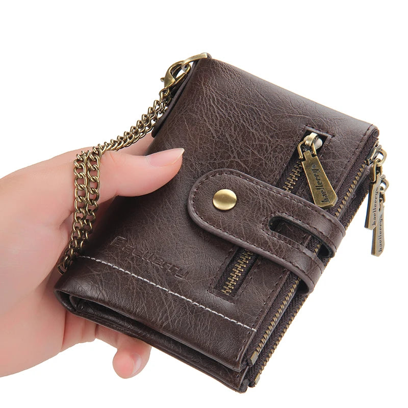 Business Men Wallets PU Leather Short Card Holder Chain Luxury Brand Men's Purse High Quality Classic Retro Male Wallet