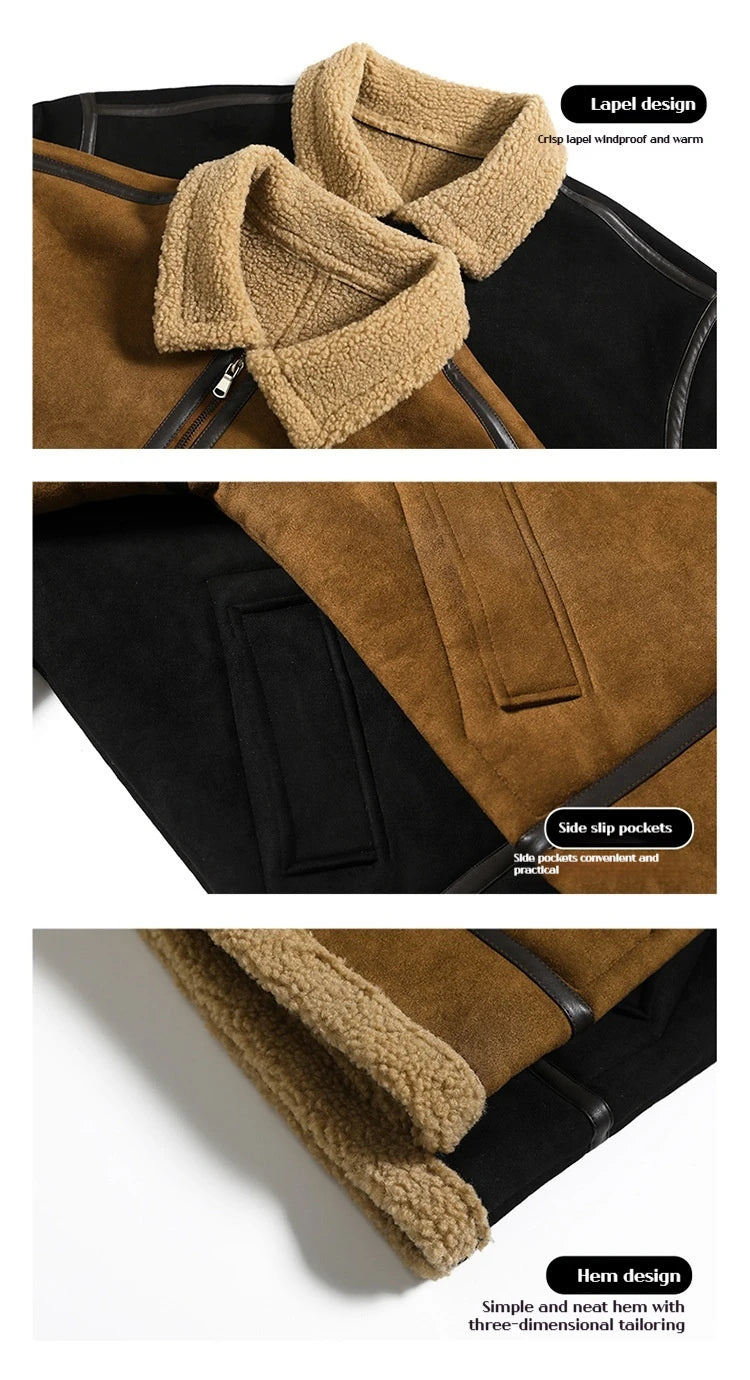 New Men's Suede Leather Jacket Winter Coat Jacket for Men Retro Windproof Motorcycle Jacket Men's Fashion Winter Leather Jacket