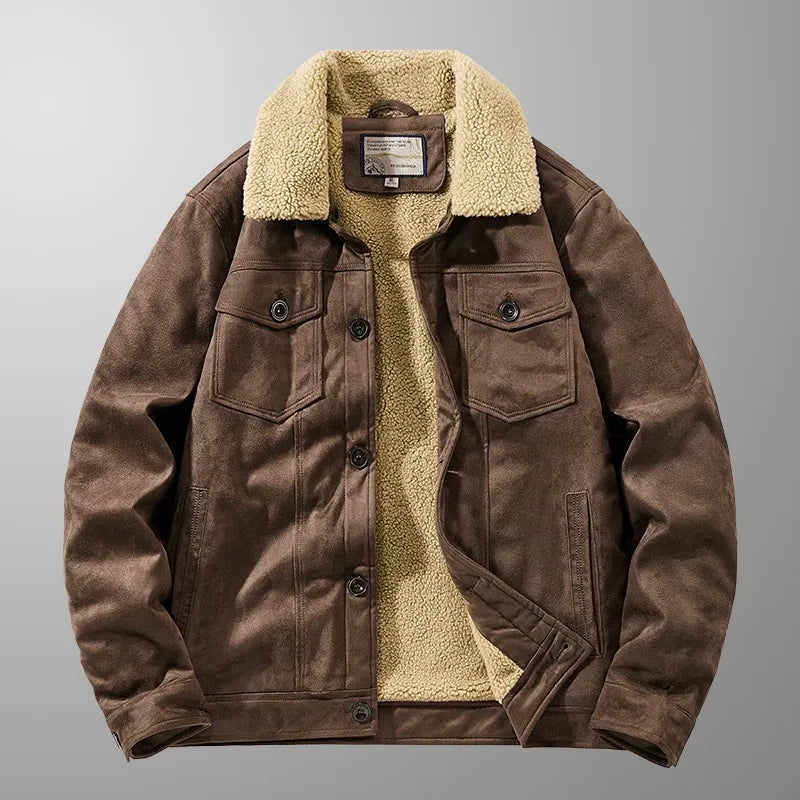 New Winter Men Fleece Warm Suede Leather Jackets Man Multi-pockets Casual Leather Coats Quality Male Fashion Down Jackets Size 4