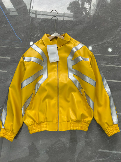 Cool Stylish High Street Heavy-duty Jackets for Men Silhouette Embroidered Contrast Color Patchwork Leather Racing Jacket