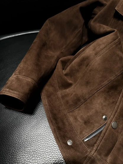 Luxury Mens Real Suede Leather Jacket Autumn Business Work Coat Spring Single Breasted Slim Fit Natural Suede Jacket Outerwear