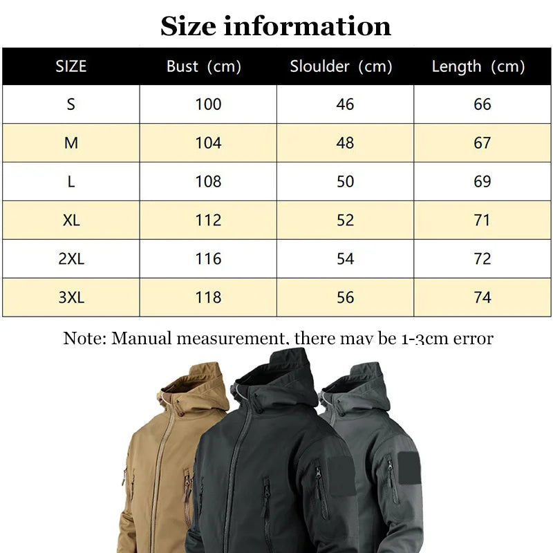 Men's Military Tactical Jackets Full Zip Shark Skin Soft Shell Tactical Waterproof Windbreaker Outdoors Hiking Hooded Coat S-4XL