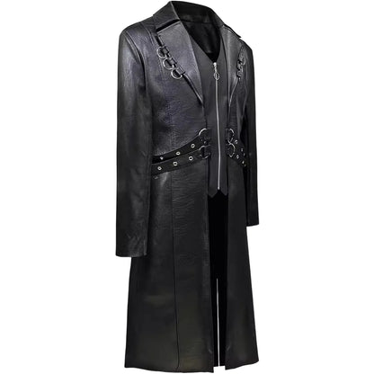 Mens Steampunk Faux Leather Jacket Fashion Medieval Trench Coat Long Outwear Autumn Winter Gothic Motorcycle Halloween Stage