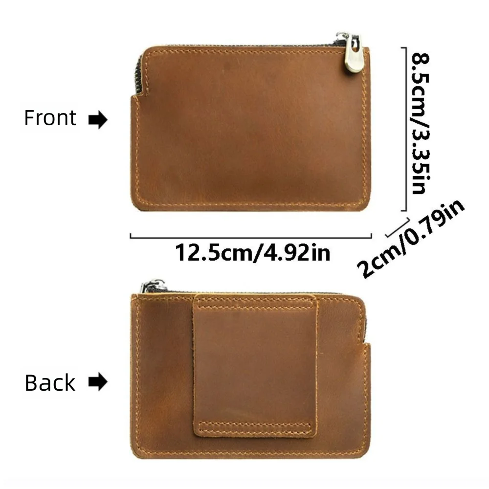 Genuine Leather Men's Short Wallet Ultrathin with Belt Loop Belt Hanging Money Pouch Portable Lightweight Zipper Coin Purse