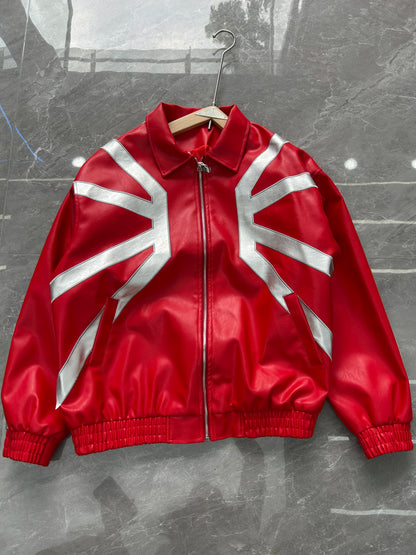 Cool Stylish High Street Heavy-duty Jackets for Men Silhouette Embroidered Contrast Color Patchwork Leather Racing Jacket