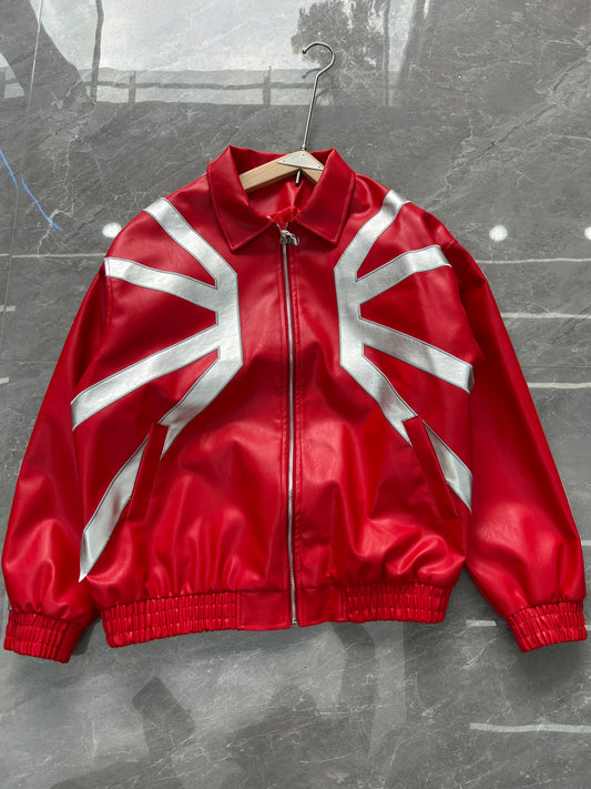 Cool Stylish High Street Heavy-duty Jackets for Men Silhouette Embroidered Contrast Color Patchwork Leather Racing Jacket
