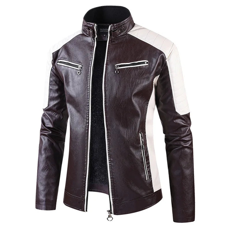 Men Stand Collar Moto Leather Jackets Fleece Winter Jackets Slim Fit PU Leather Coats High Quality Male Fashion Casual Jackets 5
