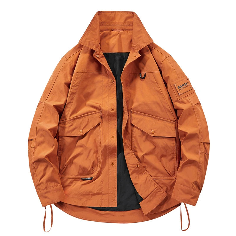 Man Leisure Jackets Spring Autumn Fashion Flip Collar Windproof  Tops New Solid Color Outdoors Motion Loose Big Pocket Coats Man