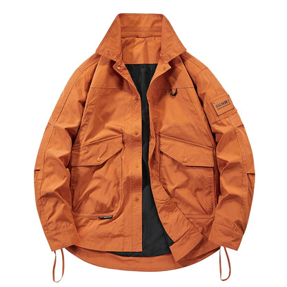 Man Leisure Jackets Spring Autumn Fashion Flip Collar Windproof  Tops New Solid Color Outdoors Motion Loose Big Pocket Coats Man