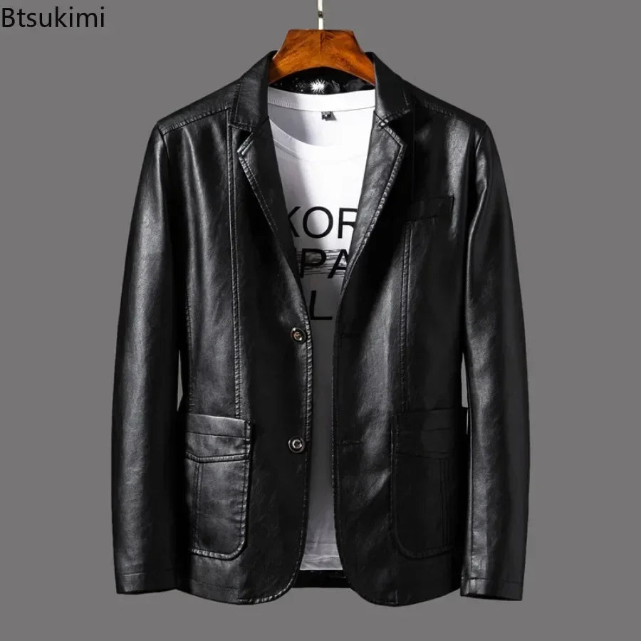 2026 Men's Leather Jackets Lapel Business Leather Jackets Men Pu Blazers Korean Style Slim Fashion Leather Coat Plus Size M-6XL