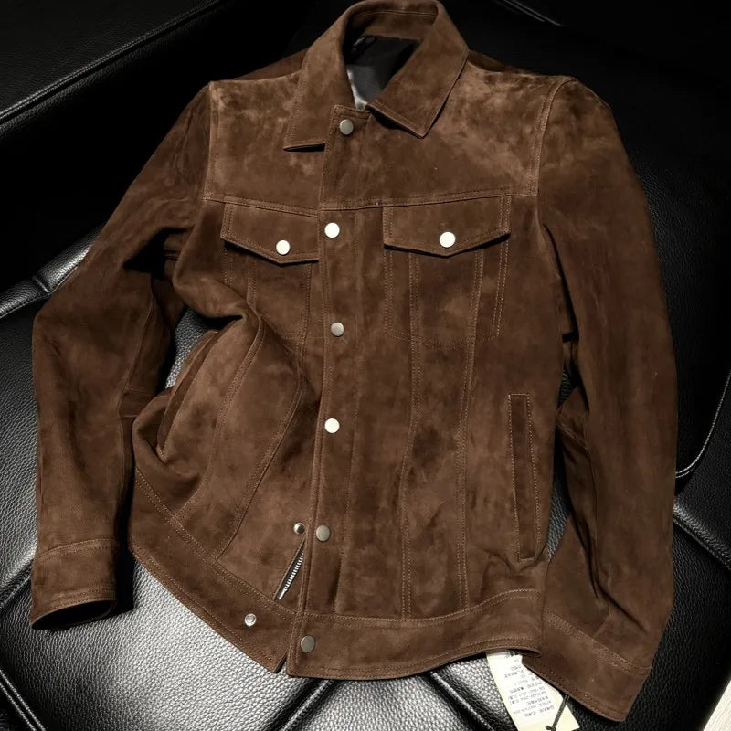 Luxury Mens Real Suede Leather Jacket Autumn Business Work Coat Spring Single Breasted Slim Fit Natural Suede Jacket Outerwear