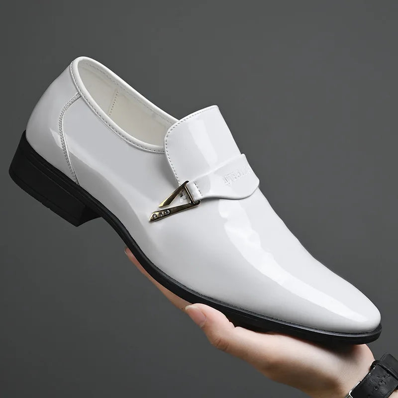 White Leather Shoes for Men 2025 New Patent Leather Business Men Casual Shoes Slip on Party Dress Footwear Pointed Toe Loafers