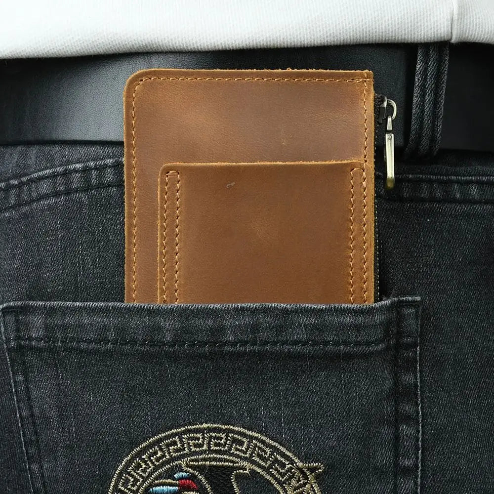 Genuine Leather Men's Short Wallet Ultrathin with Belt Loop Belt Hanging Money Pouch Portable Lightweight Zipper Coin Purse
