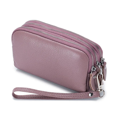 Women Long Wallet Genuine Leather 3-Layer Zipper Purse Bag Large Capacity Wristlet Clutch Wallets Phone Bag Money Purses