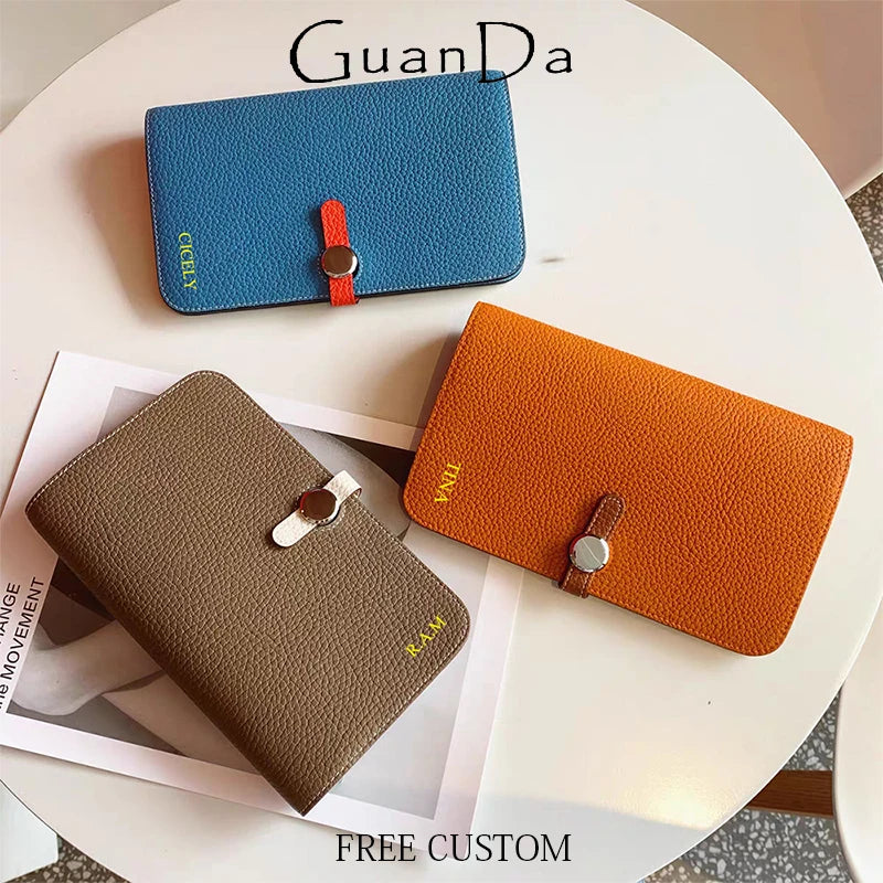 100% Real Leather Woman Long Wallet Luxury Brand Custom Name Cowhide Card Holder Fashion Lady Zip Coin Purse Slim Pouch Gift