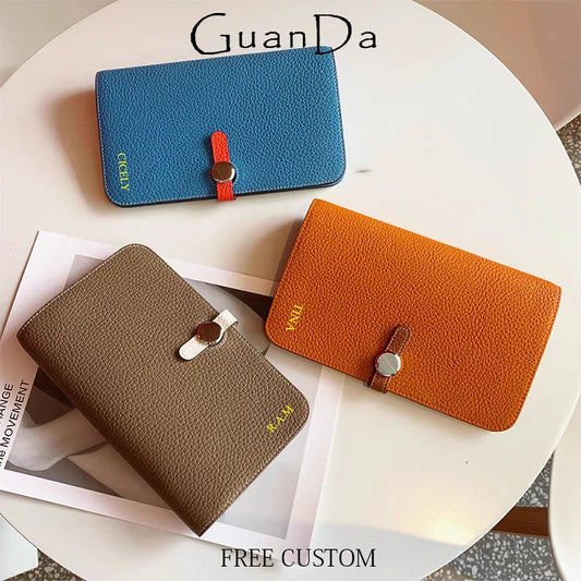 100% Real Leather Woman Long Wallet Luxury Brand Custom Name Cowhide Card Holder Fashion Lady Zip Coin Purse Slim Pouch Gift