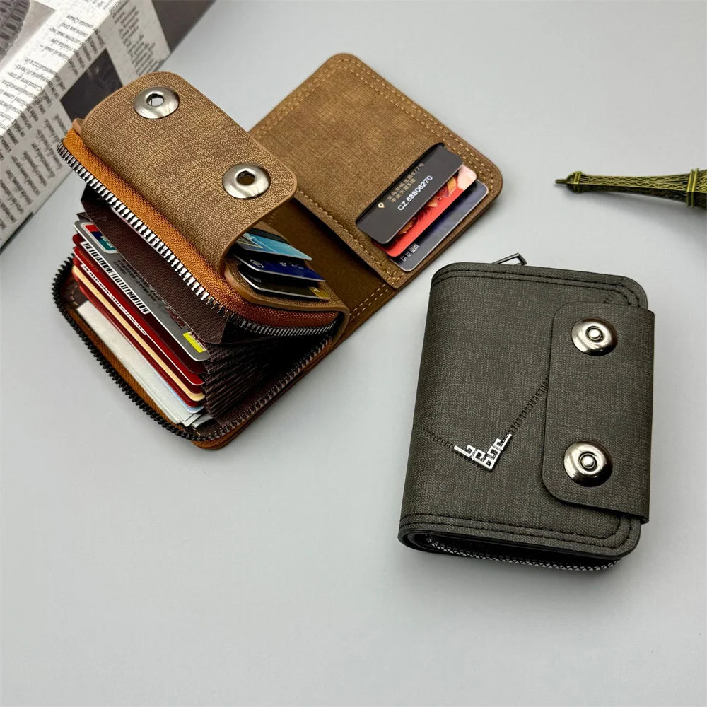 Card Holder Leather Wallet Gift Travel Business Casual Men's Double Buckle Zipper Short Coin Purse Multi-function Money Bags