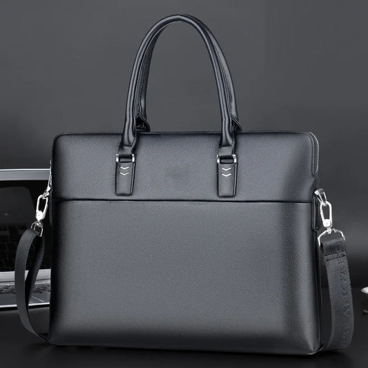 Men's Professional Leather Briefcase - 14" Laptop Office Bag with Shoulder Strap, Waterproof Business Messenger Bag
