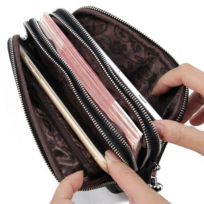 Women Long Wallet Genuine Leather 3-Layer Zipper Purse Bag Large Capacity Wristlet Clutch Wallets Phone Bag Money Purses