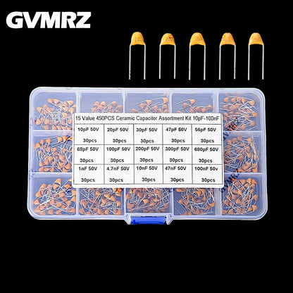 450PCS Monolithic Ceramic Capacitor Kits 10pF - 100NF 50V 10PF 30PF 47PF 56PF 68PF 100PF 200PF 300PF PF 10NF 100NF MLCC with Box