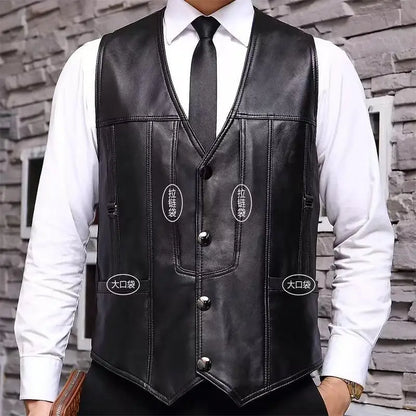 Men's Real Sheepskin Motorcycle Jacket, Leather Waistcoats, Large Size, Soft Black Vest, High-end Brand, Free Shipping, 2024