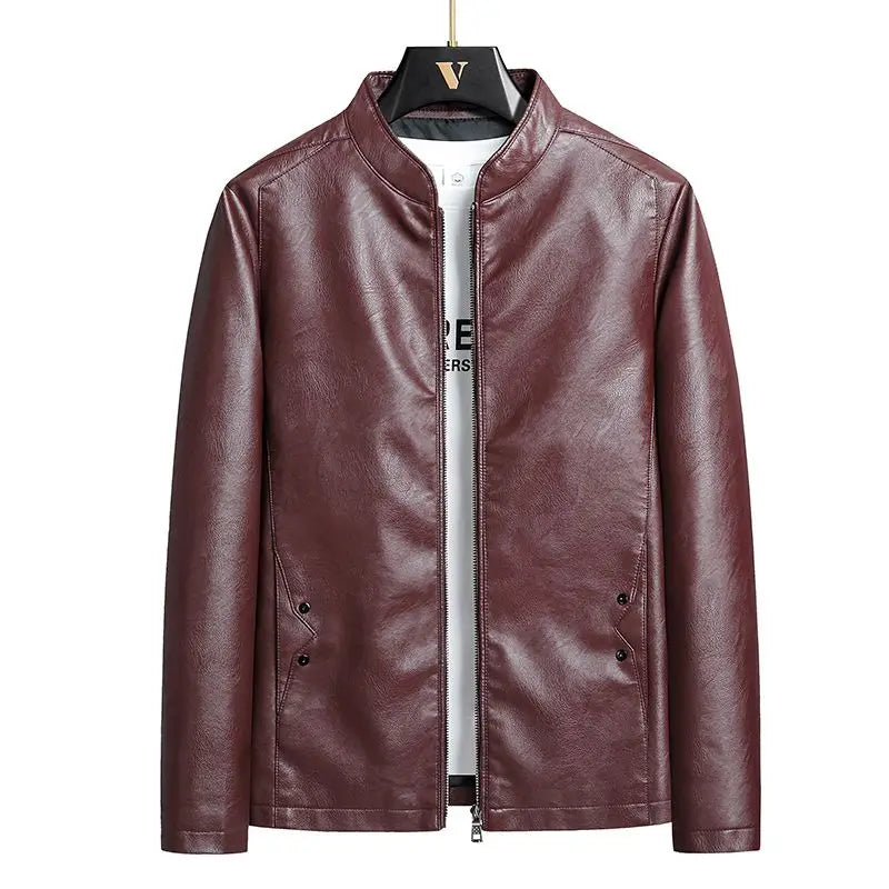 Men's Motorcycle PU Leather Jacket Spring New Thin Stand-up Collar Slim Handsome Top