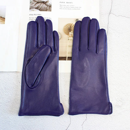 Leather Sheepskin Gloves Women's Autumn Warm Fleece Lining Color Fashion Thin Outdoor Activities Electric Bike Riding Driving