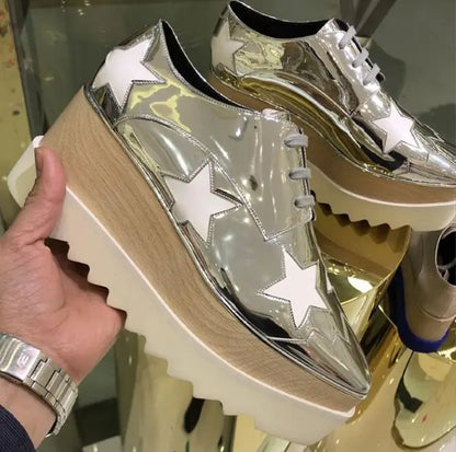 Luxury design thick-soled women's sports shoes fashion star real leather women's casual shoes runway wooden sole women's shoes