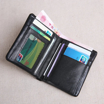 Genuine Leather Wallet Men's Short Section Tide Personality Youth Soft First Layer Cowhide Black Id Credit Card Holder Purse