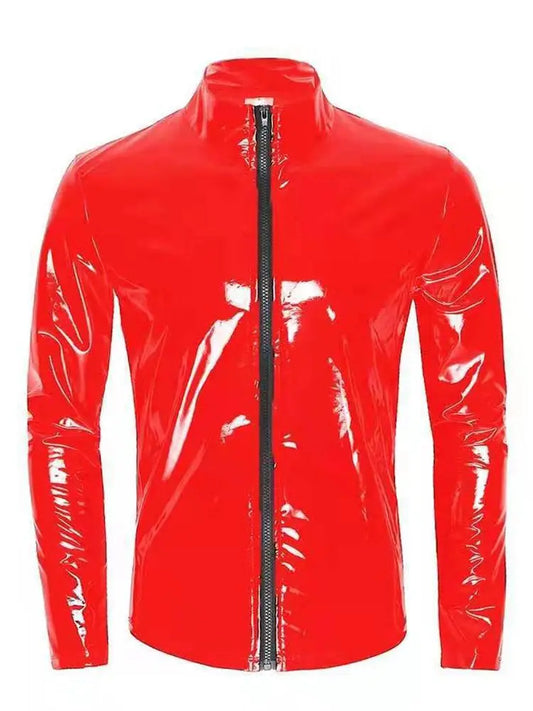 Long Sleeve Wet Look PVC Mens Jackets Coats Shiny PU Leather Tops Tights Sexy Clubwear Windbreaker Streetwear Motorcycle T Shirt