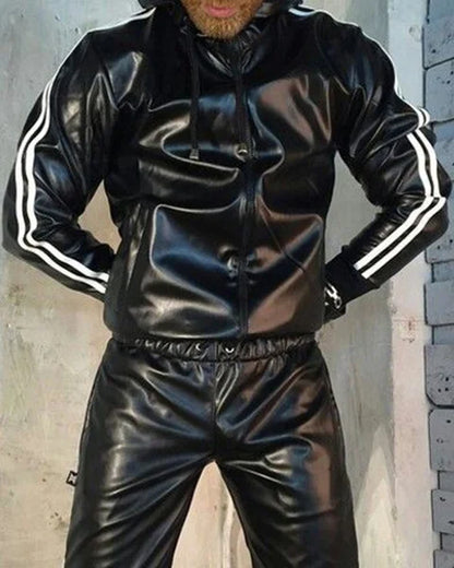 Men's  Leather Gloss Jacke Jacket Hoodie Jogging Suit Sportswear