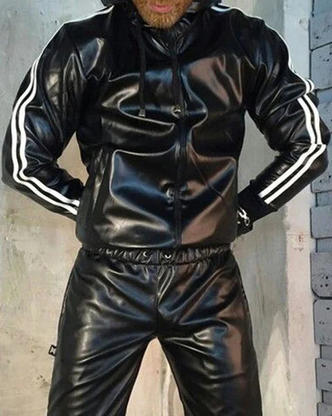 Men's  Leather Gloss Jacke Jacket Hoodie Jogging Suit Sportswear