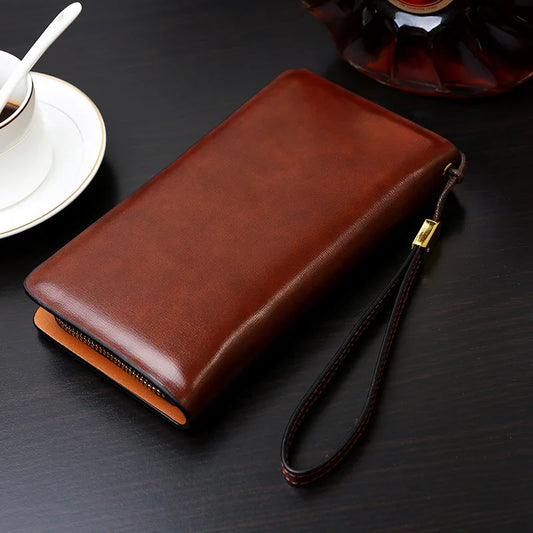 Vintage Men Clutch Bag Leather Long Purse Double Zipper Business Wallet For Husband Gift Black Brown Male Casual Handy Bags