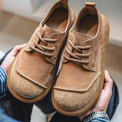 2025 Autumn New Leather Casual Shoes Wide Head Retro Low-top Lace-up Men's Shoes Trendy Versatile Soft Sole Breathable Shoes